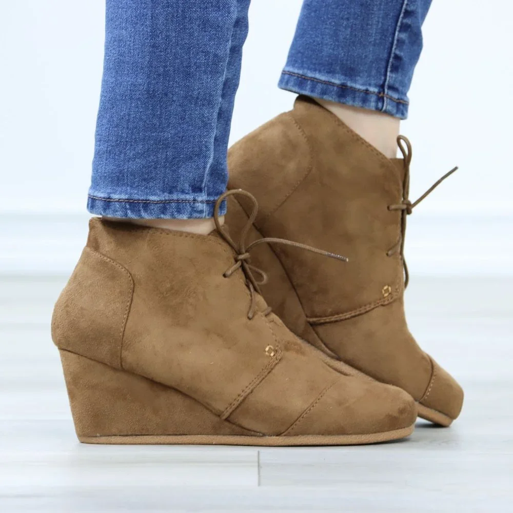 Tan Faux Suede Round Toe Wedge Heel Lace Up Ankle Boots - Picture 5 of 12